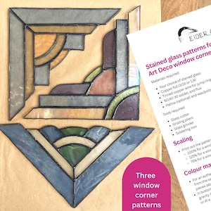 May include: Three stained glass patterns for Art Deco window corners. The patterns are shown on a brown paper background. The patterns are made of different coloured glass pieces, including blue, green, yellow, and brown. The patterns are labelled "Three window corner patterns".