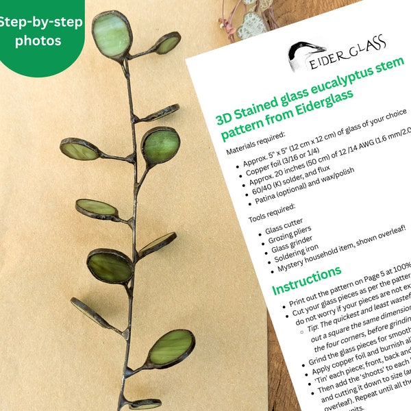 3D Stained Glass Eucalyptus Pattern and Instructions, Eucalyptus Leaves on Stem, PDF Instant Digital Download, Hobby License