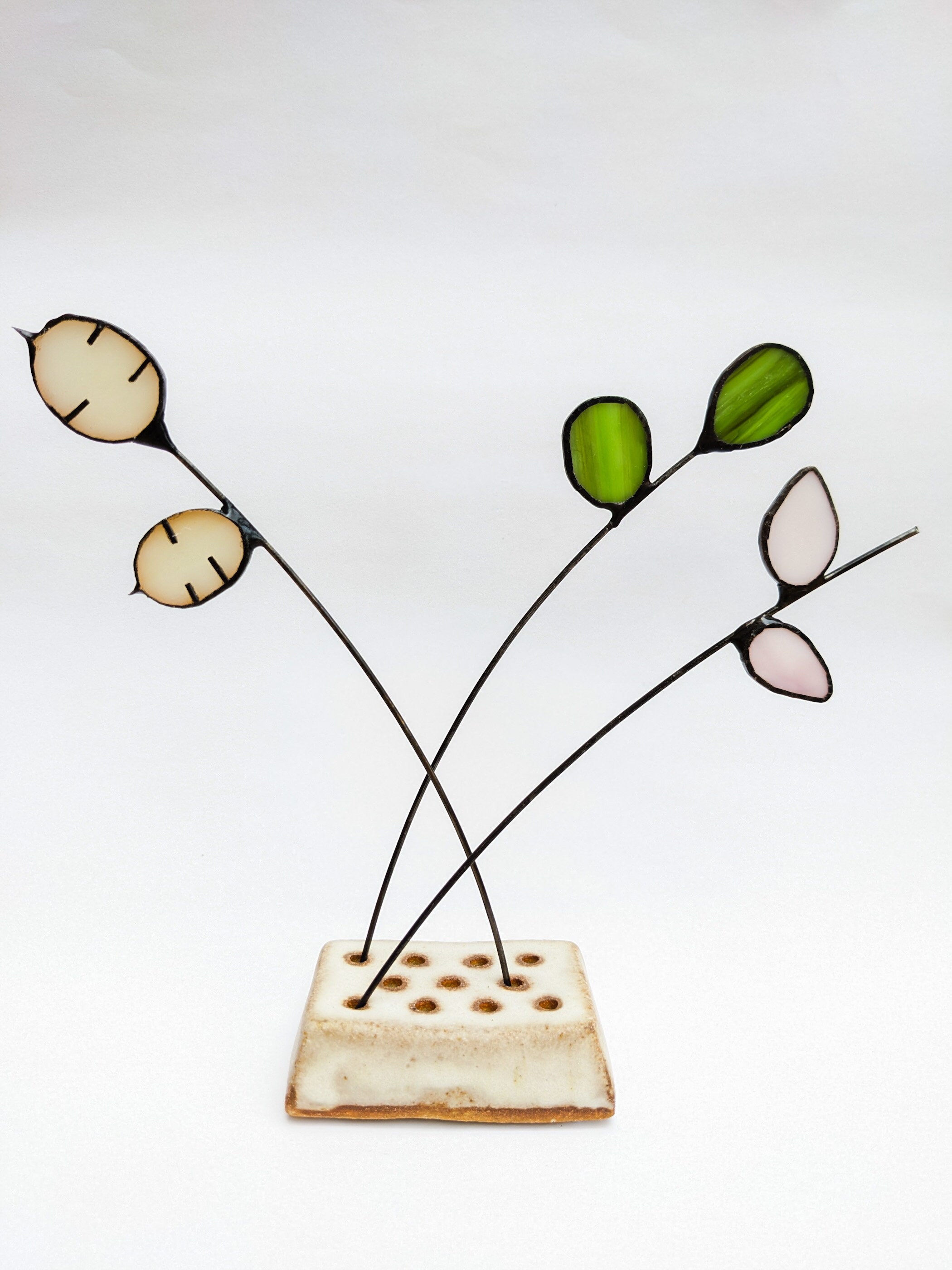 Ceramic Flower Frog With Stained Glass Flowers Handmade Etsy UK