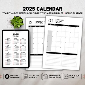 2025 Calendar, Printable Digital Fillable PDF, Organizer Schedule, Yearly Monthly, Monday & Sunday Start
