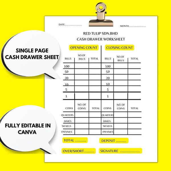 Editable Cash Drawer Worksheet/Drawer Count for Business/cash register/cashflow sheet/cash breakdown template/cash flow template
