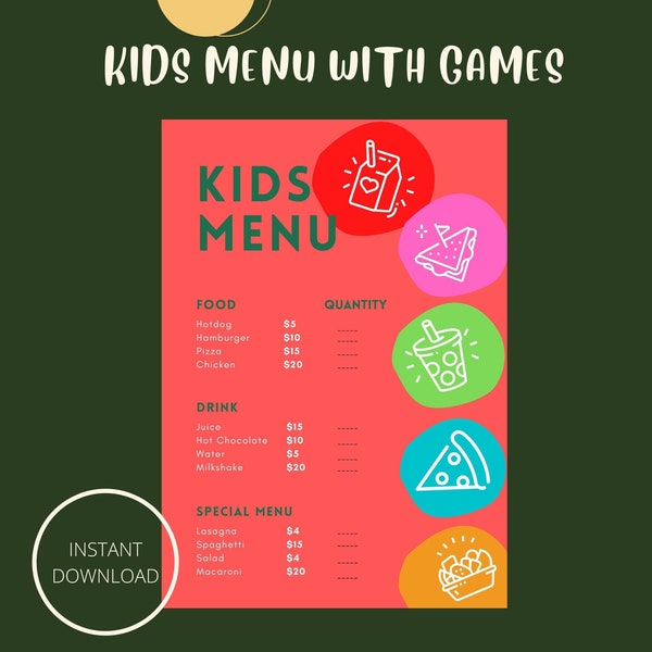 KIDS pretend play menu | games BUNDLE  | kids restaurant menu | digital editable printable kids menu| dramatic play