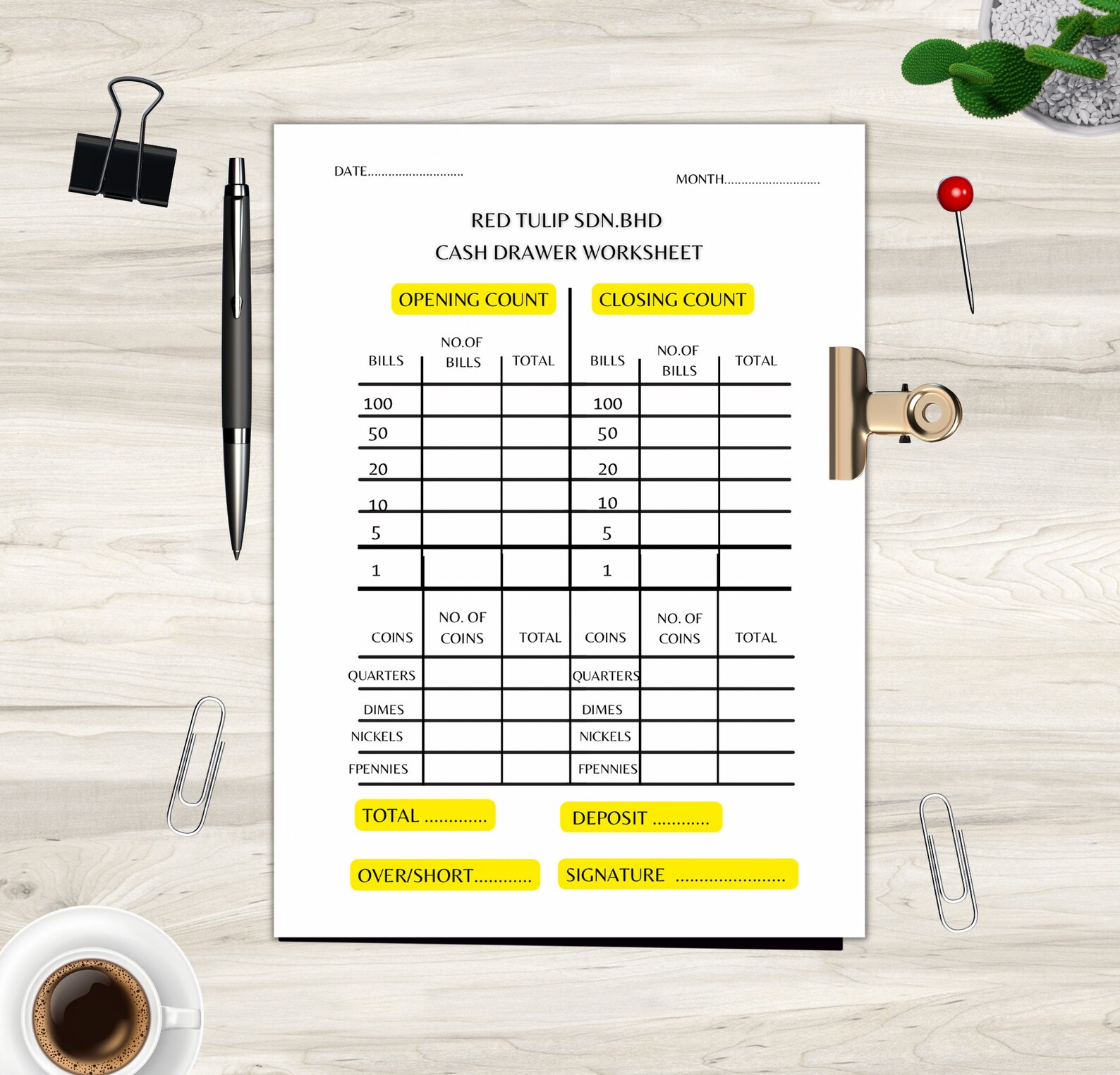Editable Cash Drawer Worksheet/drawer Count for Business/cash Register