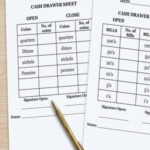 May include: Two cash drawer sheets with sections for coins and bills, with spaces for opening and closing totals. A gold pen rests on the sheets. The sheets are labeled "Cash Drawer Sheet" and "Instant Download."