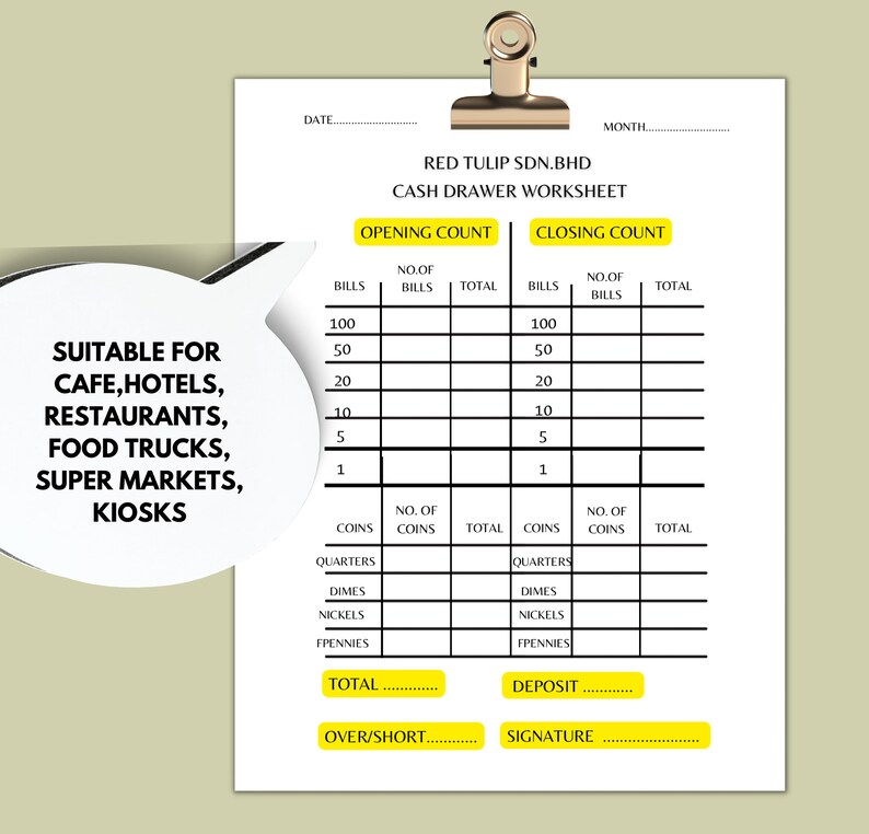 Editable Cash Drawer Worksheet/drawer Count for Business/cash Register
