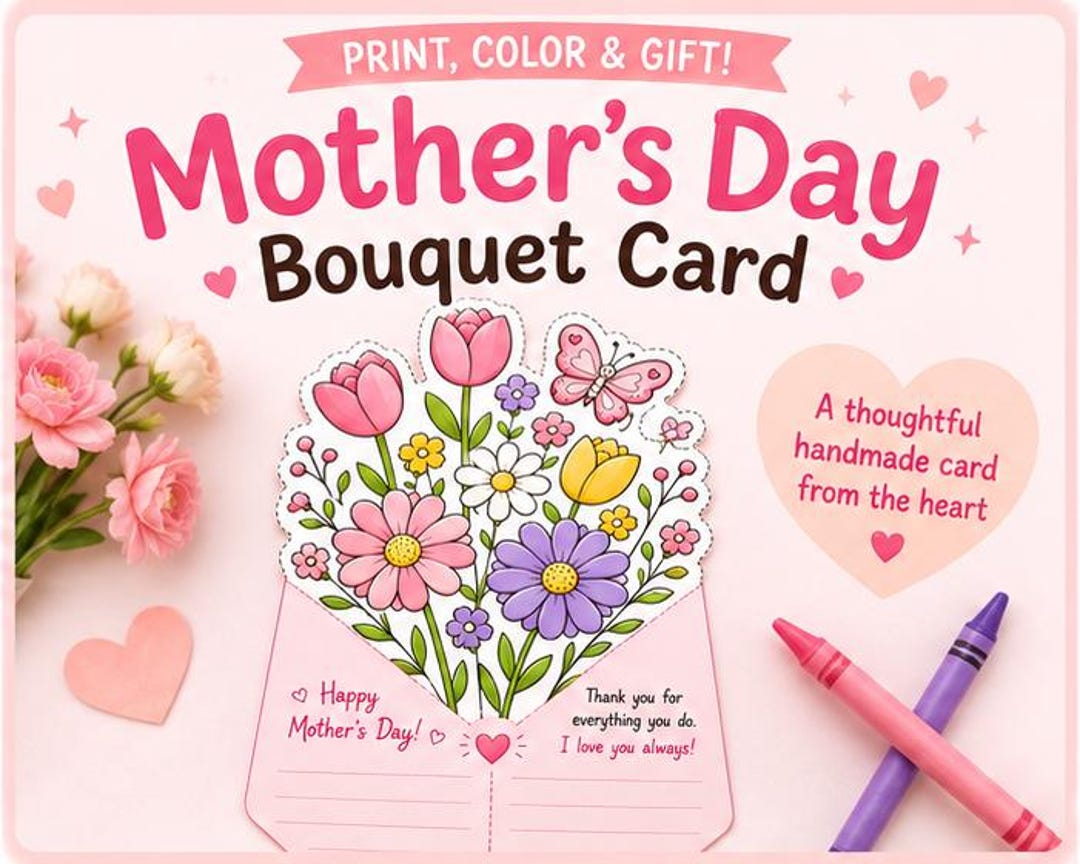 Printable Mother’s Day Bouquet Card | Flower Coloring Craft for Kids ...