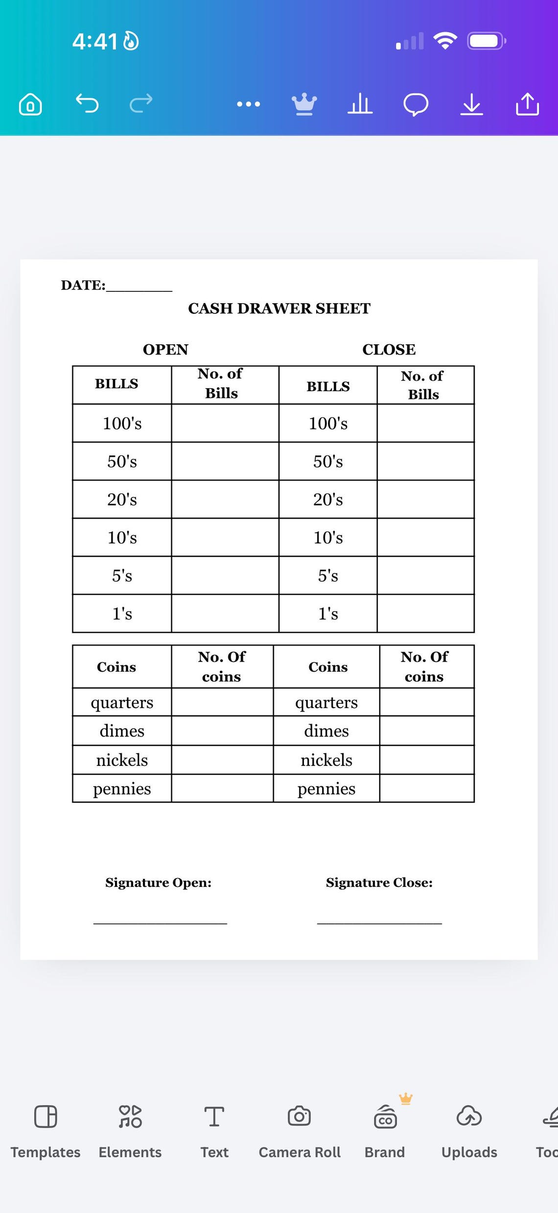 Editable Cash Drawer Worksheet/drawer Count for Business/cash Register ...