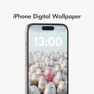 May include: An iPhone displaying a digital wallpaper featuring a flock of white sheep with one pink sheep in the center. The time displayed is 13:00 on Sunday, January 5th. The phone has a gold frame and a black notch at the top.
