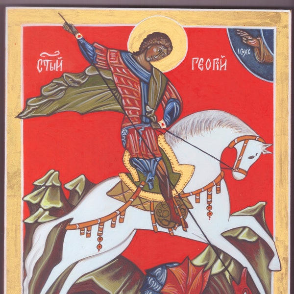 Икона Saint George & Dragon orthodox icon handpainted medieval art byzantine heiliger georg handgemalte ikonen kaufen BlattGold24K
