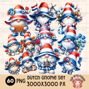 Paquete de imágenes prediseñadas de Gnome holandés / 60 PNG Colección Cute Nome / Conjunto de gráficos de Gnome de los Países Bajos / Gnomo de viaje / Conjunto de ilustración de dibujos animados