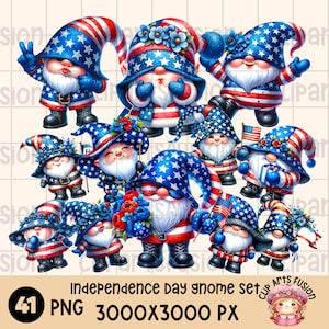 4 juillet | Ensemble de cliparts gnome américain pour le jour de l'indépendance | Célébration de la fête de l'Amérique | Collection de graphiques mignons de gnomes | Téléchargement numérique PNG