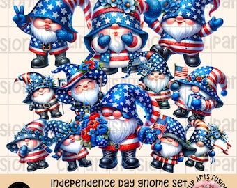 4 luglio / Set di clipart per gnomi americani del Giorno dell'Indipendenza / Celebrazione dell'America Day / Collezione grafica di gnomi carini / Download PNG digitale