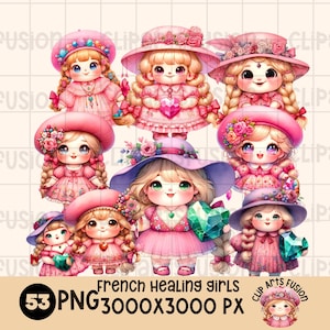 Franse meisjes met helende stenen Clipart PNG-collectie | Affirmatie dames grafische bundel | 53 schattige roze meisjesillustratie