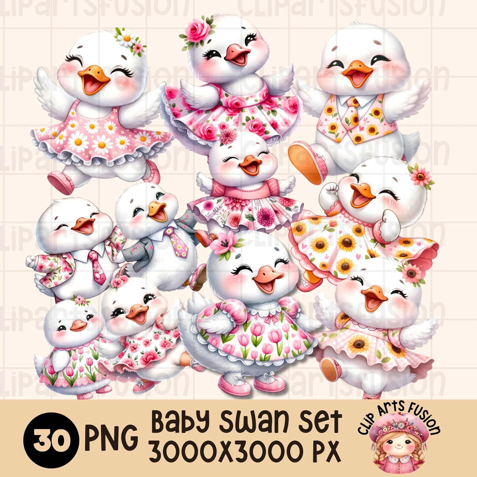 30 PNG Whimsical Baby Swans Clip Art Set | Cute Watercolor Graphics ...