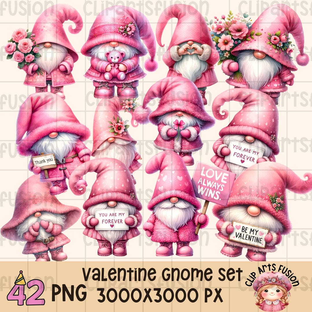 Valentine's Gnome Clipart Set - 42 PNG Cute Pink Theme Watercolor ...