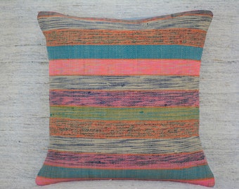 Vintage Anatolian Striped Kilim Pillow Cover -16x16- Handmade Colorful Recycled Pillowcase From 1960s Organic Cotton Cushion,Boho Home Decor