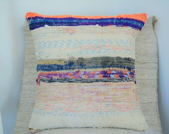Vintage Anatolian Striped Kilim Pillow Cover -20x20- Handmade Colorful Kilim Pillowcase From 1960s- Organic Cotton Cushion,Boho Home Decor