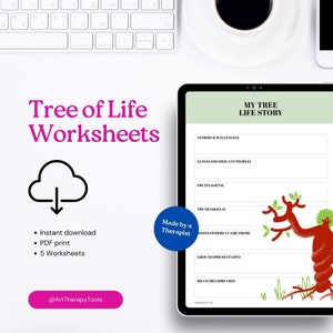 Puede incluir: Una descarga digital de un conjunto de hojas de trabajo imprimibles llamado "Mi historia de vida del árbol". La hoja de trabajo está diseñada para ayudar a las personas a reflexionar sobre su viaje de vida. La hoja de trabajo presenta un árbol con diferentes partes etiquetadas con indicaciones como "Tormentas (Desafíos)", "Hojas (Personas importantes)", "Frutos (Regalos)", "Tronco (Habilidades)", "Raíces (De dónde vengo)", "Suelo (Vida presente)" y "Ramas (Sueños)". La hoja de trabajo está hecha por un terapeuta.