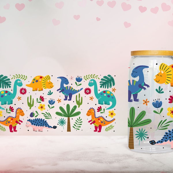 Cute Dinosaurs Design 16 oz Libbey Glass Can, Baby Dinosaurs 16oz Glass Can Sublimation Wrap PNG