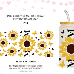 Mom Sunflowers Design 16 oz Libbey Glass Can, Sunflowers 16oz Glass Can Sublimation Wrap PNG