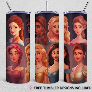 20oz Modern Princess Skinny Tumbler Sublimation Designs, Princess Tumbler Wrap, 20 oz Straight and Tapered Tumbler Design, PNG Download