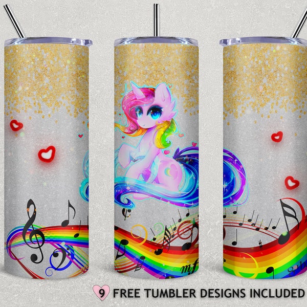 Bright Rainbow Unicorn Tumbler Wrap, Glitter Unicorn Sublimation Design, 20 oz Skinny Tumbler, Rainbow Tumbler PNG, Digital Download