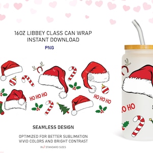Santa Hat 16oz Libbey Glass Can Sublimation Wrap (PNG SVG)