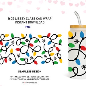 Christmas Lights 16oz Libbey Glass Can Wrap: Sublimation PNG (Digital Download)