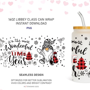 Christmas Gnome 16oz Libbey Glass Can Wrap: Sublimation PNG (Digital Download)