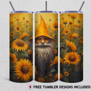 Gnome Sunflower Tumbler wrap PNG, Gnome and Sunflowers Design, Gift for her, 20oz Skinny Tumbler Wrap