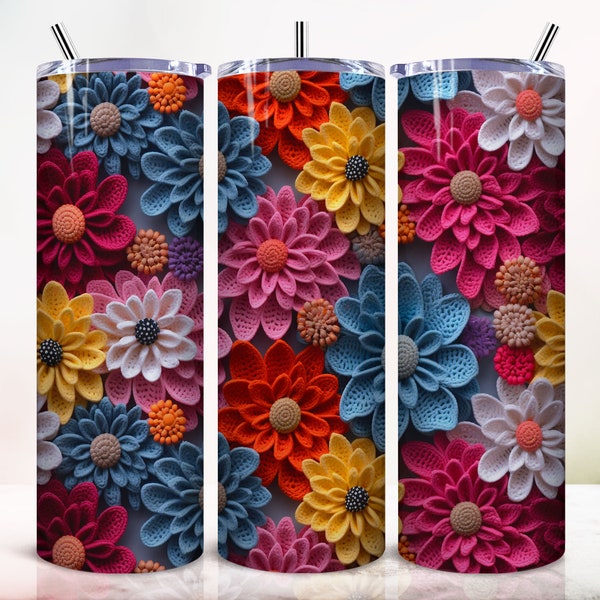 3D Crochet Flowers 20oz Tumbler Sublimation PNG Design, 20oz Skinny Tumbler Wrap, Straight & Tapered Tumbler Wrap