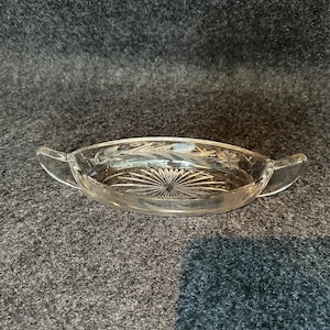 ANCHOR HOCKING Cut Glass Boat Dish with Handles ~ Starburst with Etched Sides ~ Vintage