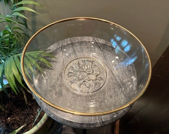Vintage Lead Crystal Serving Bowl with Embossed Flowers & Gold Rim
