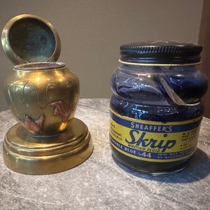 Brass Inkwell with Scrip Blue Ink ~ Vintage ~ 1930's