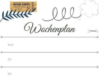 Puede incluir: Un planificador semanal imprimible con un diseño caprichoso. El planificador tiene un remolino gris, una nube y un boleto para un espectáculo llamado "Boom Chute". El planificador tiene un título que dice "Wochenplan" en alemán.