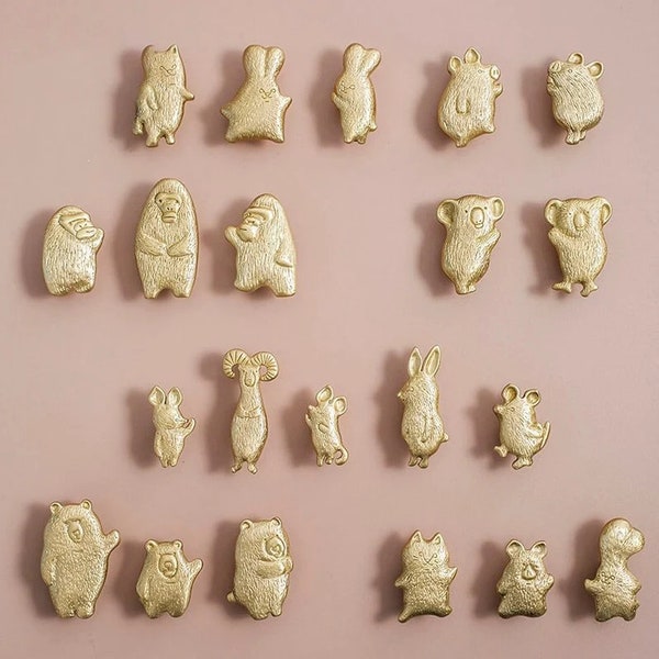 Cute Animal Cabinet knobs Solid Brass Mini Matte Gold Knob Pulls Rabbit Sheep Bear Drawer Handles Babyroom Dresser Knobs Unique Door Pulls