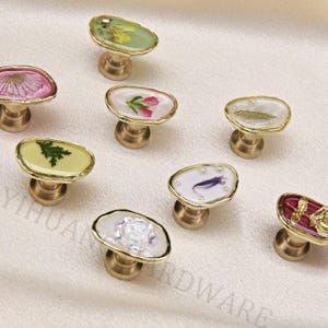 Colorful Flower Drawer Knobs,Mini White Yellow Pink dresser knobs,Green leaf knob,Resin Brass Gold Cabinet Knob, Art Deco drawer pull 1PC