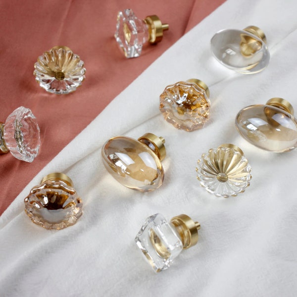 Clear Champagne Gold Cabinet Knobs Art Deco Knobs for Dresser Clear Glass Drawer Knobs Crystal Kitchen Door knobs Nordic Cabinet Hardware