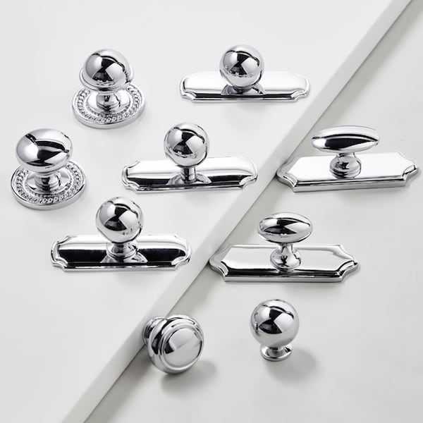 Silver Chrome Cabinet Knobs with Backplate Art Deco Drawer Pulls Mini Solid Brass Dresser Knobs Gift Chrome Cabinet Hardware Yihuanghardware