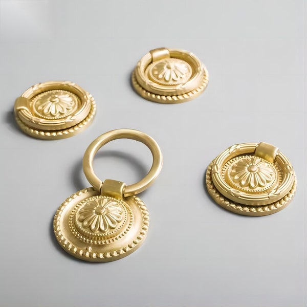 Exquisite Flower Knobs Gold Circular Drawer Pulls Gold Dresser Knobs Retro Ring Drop Pulls Kitchen Knob Solid Brass Kitchen Cabinet Hardware