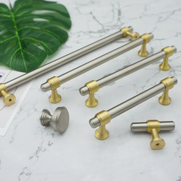 Brushed Nickel Drawer Pulls Gold Door Handles Solid Brass T Bar Knobs Handles Simple Cabinet Knobs Kitchen Hardware 3.78"5"6.3"8.8"12.6"