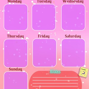 May include: A pink weekly planner with a sparkly background. The planner has spaces for each day of the week, Monday through Sunday, and a notes section. The planner has a cute, cartoon-style design.