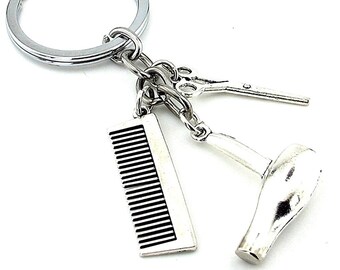 Hair Dryer Comb Scissors Hair Salon Barber Metal Keychain