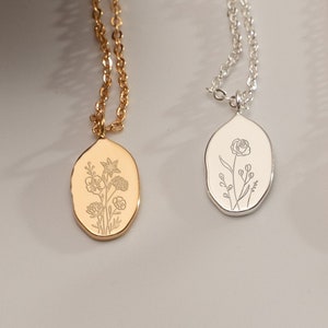 Collar de flores de nacimiento personalizado, collar de flores de nacimiento ovalado irregular, flores de ramo grabadas, collar de madres, regalo de cumpleaños para ella