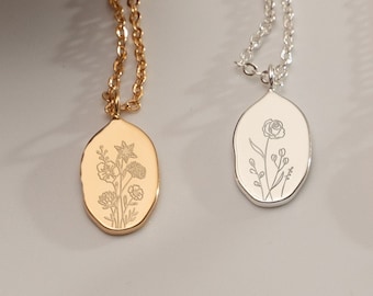 Custom Birth Flower Necklace, Lrregular Oval Birth Flower Necklace, Engrave Bouque Flowers, Mothers Necklace, Birthday Gift for her