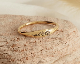 Tiny Birth Flower Ring Personalized Birth Month Floral Ring Custom Birth Flower Rings Engraved Flower Stacking Ring Birthday Gifts for Her