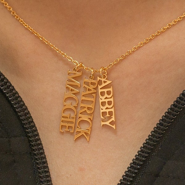 Collier de nom vertical, collier de plaque signalétique Dangle, bijoux de noms multiples, collier de nom minimaliste, cadeaux pour elle, cadeau de la fête des mères