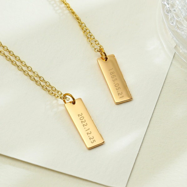 Date bar necklace, Custom Anniversary Necklace, Engraved Number Necklace, 18k Gold Necklace, Personalised Jewellery,Christmas Gift