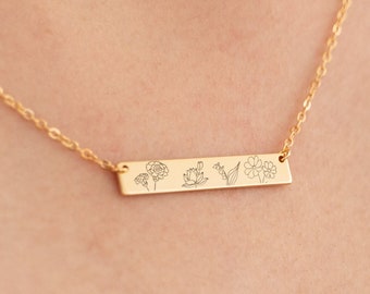 Engraved Bouquet Flower Bar Necklace, Combined Birth Month Flower Necklace, Unique Family Mother Grandma Gift, Birthday Day Gifts for Her