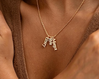 Vertical Name Necklace, Dangle Nameplate Necklace, Multiple Names Jewelry, Minimalist Name Necklace, Gifts for Her, Mother's Day Gift